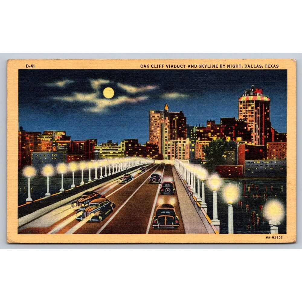 Postcard Texas Dallas Skyline by Night Oak Cliff Viaduct Moonlight Linen c1940s